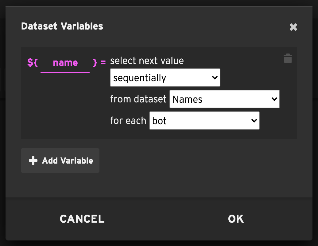 Example of a script variable called 'name' that pulls from the Names dataset